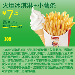 北京天津汉堡王优惠券火炬冰淇淋+小薯条凭券2012年6月7月优惠价7.5元 有效期至：2012年7月8日 www.5ikfc.com