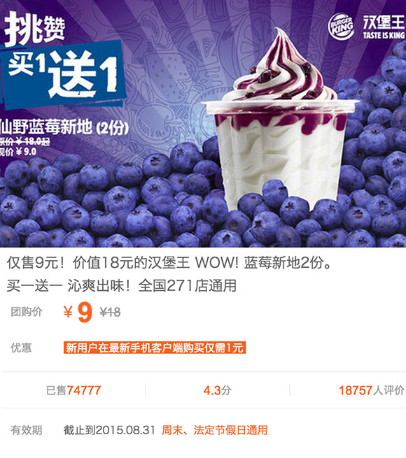 汉堡王1元蓝莓新地团购优惠，蓝莓新地2份只要9元 有效期至：2015年8月31日 www.5ikfc.com