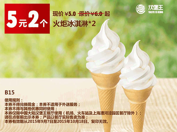 B15 火炬冰淇淋2个 凭券优惠价5元 有效期至：2015年10月18日 www.5ikfc.com