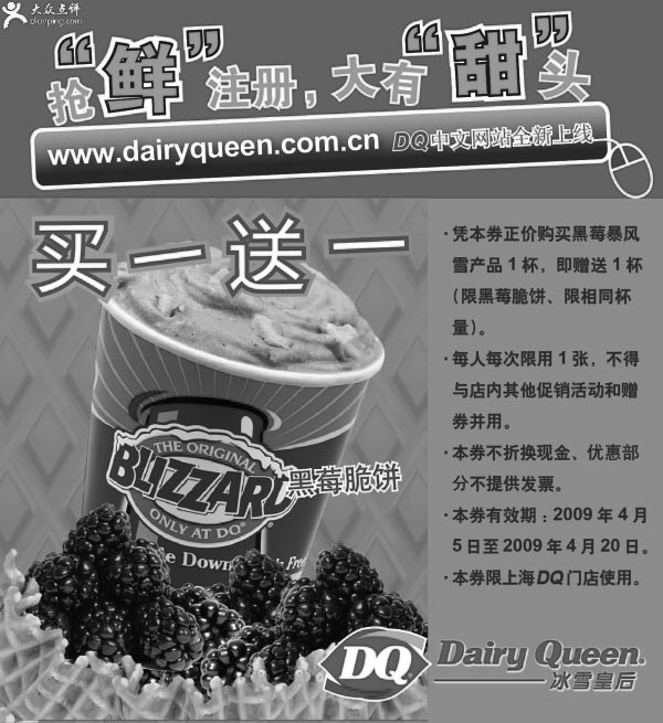 黑白优惠券图片：2009年4月上海DQ优惠券黑莓暴风雪产品买一送一 - www.5ikfc.com