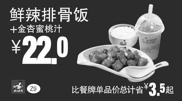 黑白优惠券图片：Z9 鲜辣排骨饭+金杏蜜桃汁 凭券优惠价22元，省3.5元起 - www.5ikfc.com