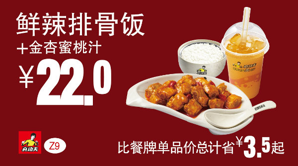 优惠券图片:Z9 鲜辣排骨饭+金杏蜜桃汁 凭券优惠价22元，省3.5元起 有效期2015年09月9日-2015年11月3日